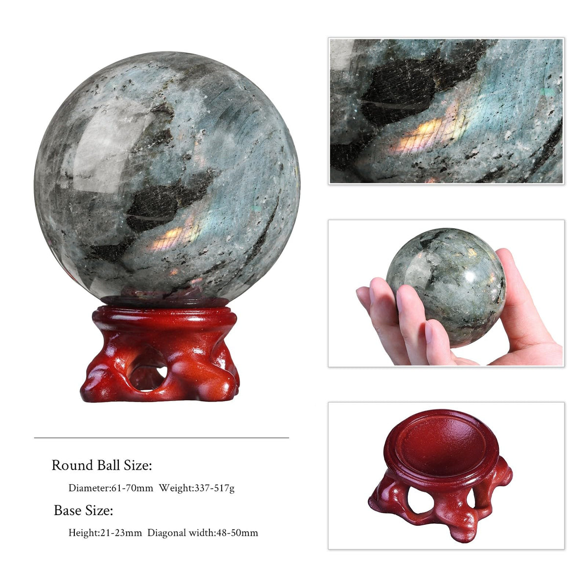 Rockcloud Natural Labradorite Crystal Ball with Resin Stand, Polished Crystal Sphere Decorative Ball Sculpture Figurine for Meditation Fengshui Home Decor, 2.40-2.75 Inches
