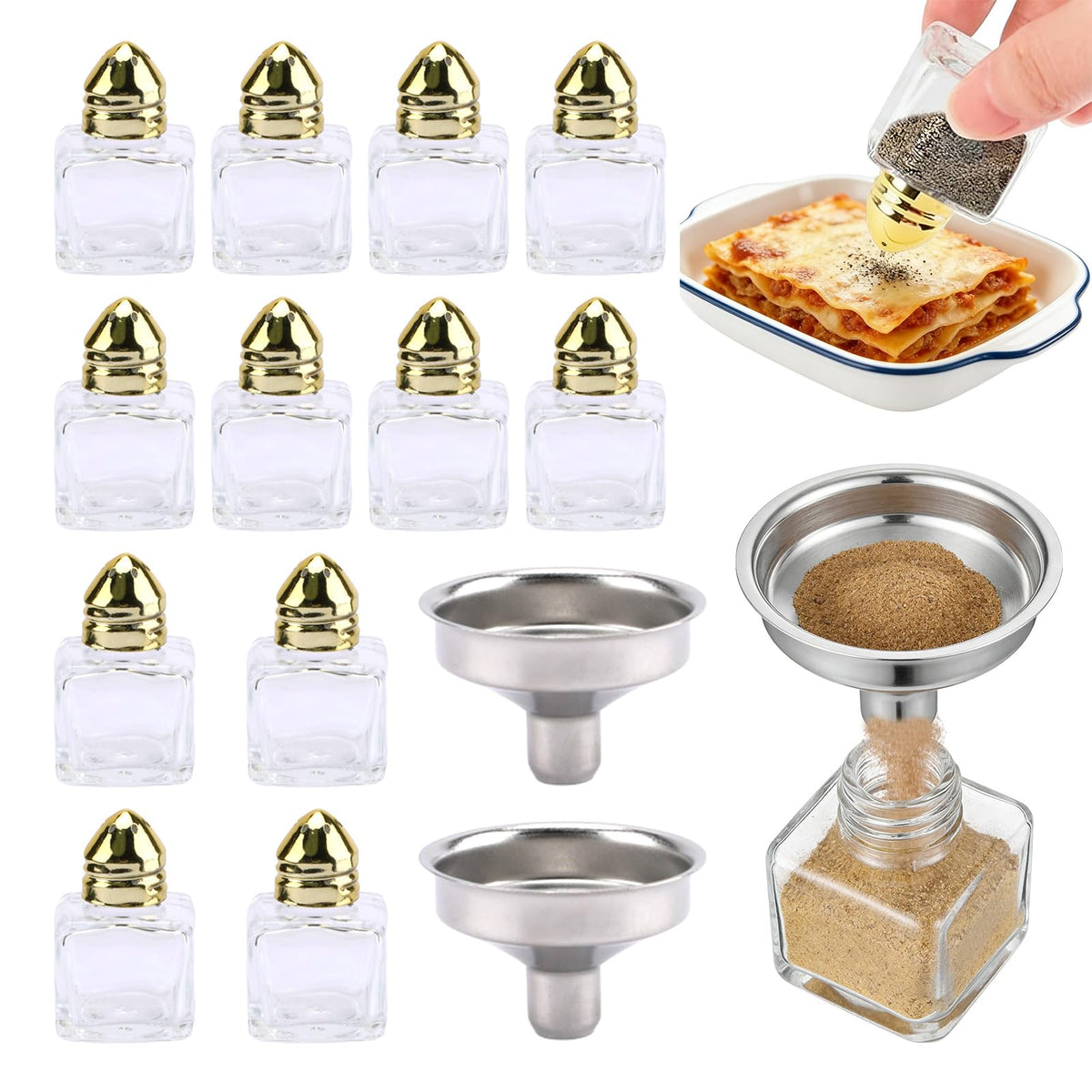 12pcs Mini Salt and Pepper Shakers with 2Pcs Funnel,0.5oz Small Bulk Clear Individual Seasonings Tiny Spice Shakers for Kitchen Wedding Picnic