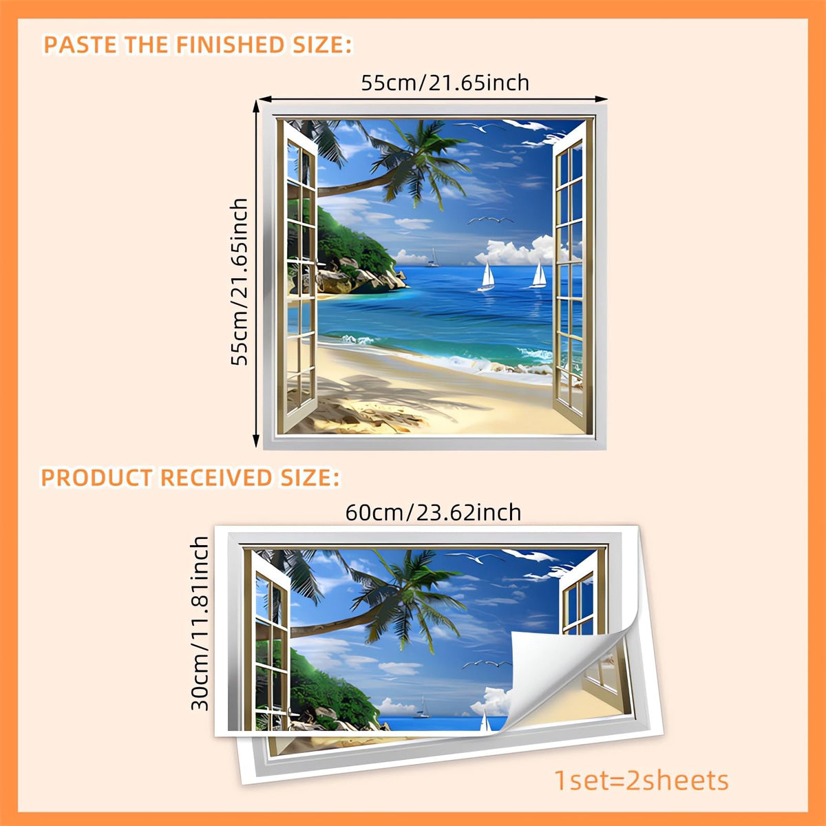Seafront Beach Coconut Tree Fake Window Wall Stickers, sacinora 3D Seashores Seascape Wall Decals Removable Vinyl Peel and Stick Living Room Bedroom Art Home Decorations