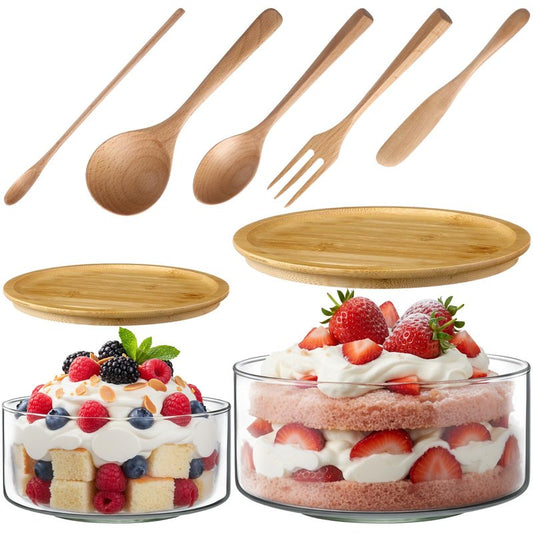 Qinyoung 2 Pack Large Trifle Bowls with Lids 9 Inch and 6.9 Inch Clear Glass Large Salad Bowl for Cake, Baking, Dessert, Fruit and Party DIY with 5 Pcs Wood Serving Utensils, Microwave Dishwasher Safe