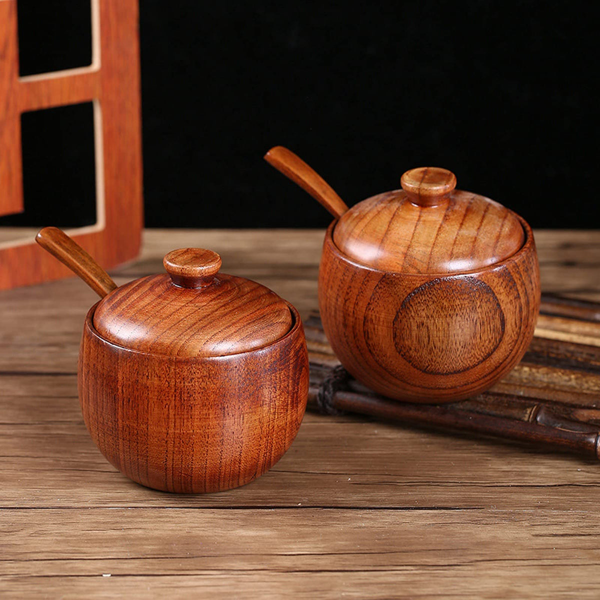 Gsycle Salt Cellar, 2set Spice Jar Spice Box Salt Container Wood Salt Bowl Salt and Pepper Bowls with Lid and Spoon Salt Wooden Bowl with Lid