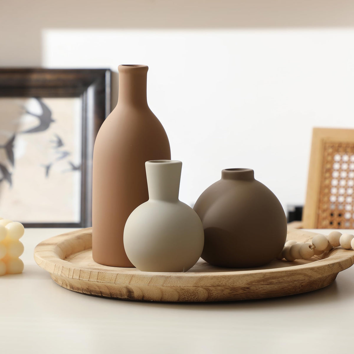Ceramic Vase Set of 3, Vases Home Decor Rustic Farmhouse Decorative Vase Pottery Vases for Bouquet Pampas Grass Dried Fresh Flowers, Table Living Room Kitchen Bedroom Bathroom - Brown