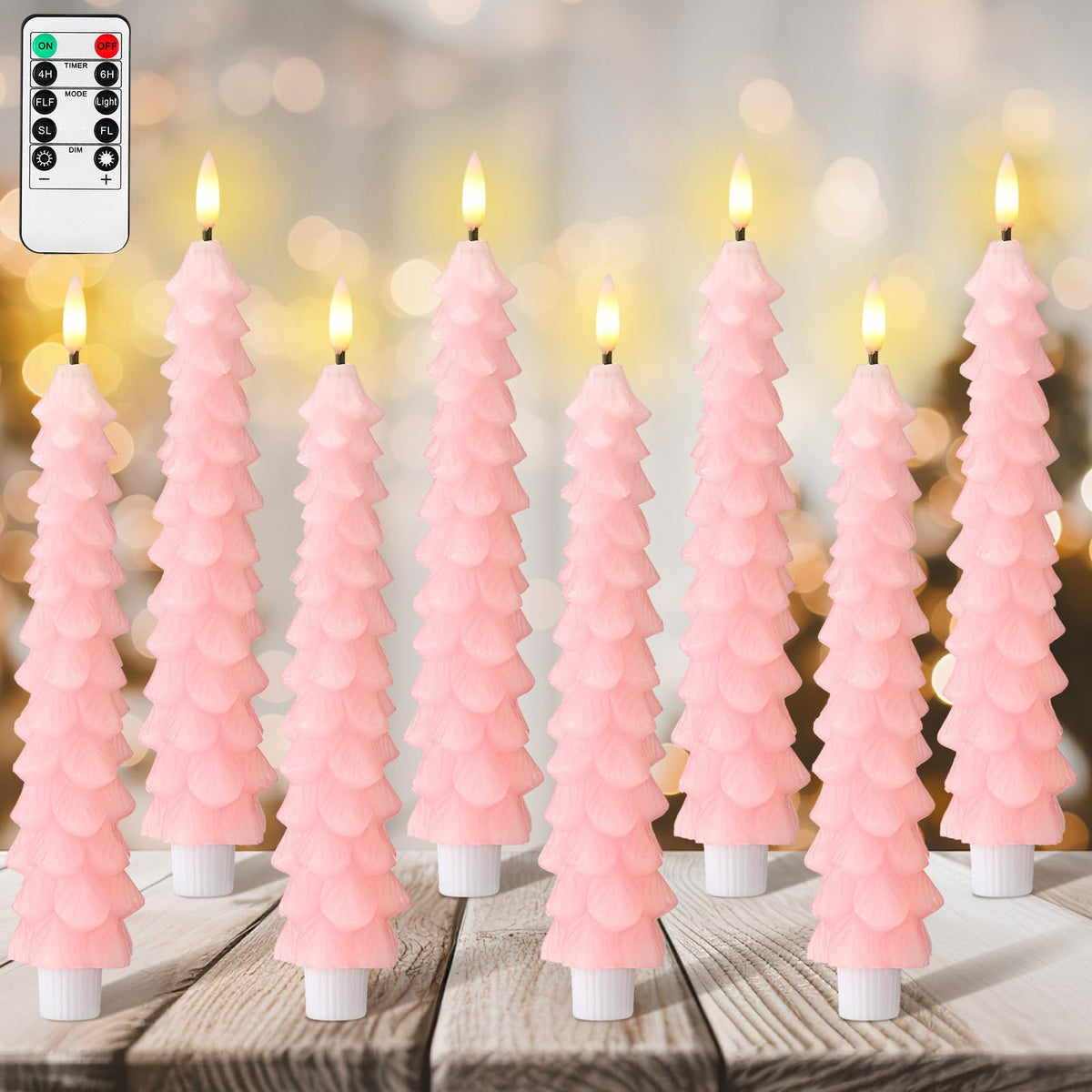 Tujoe 8 Pcs Pink Christmas Tree Flameless Taper Candles with Remote Xmas LED Candlesticks Battery Operated Electric Candlelights 3D Flickering Flame for Holiday Winter Party Table Centerpiece Decor