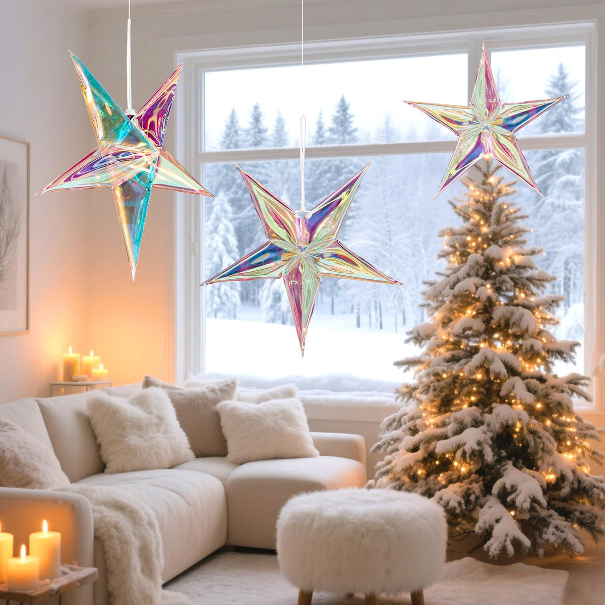 SUNBEAUTY 14 Inch 5 - Pointed Iridescent Christmas Lights Moravian Star 3D Christmas Party Decor Hanging for Wedding Birthday Showers Home Evening Party Window Decoration