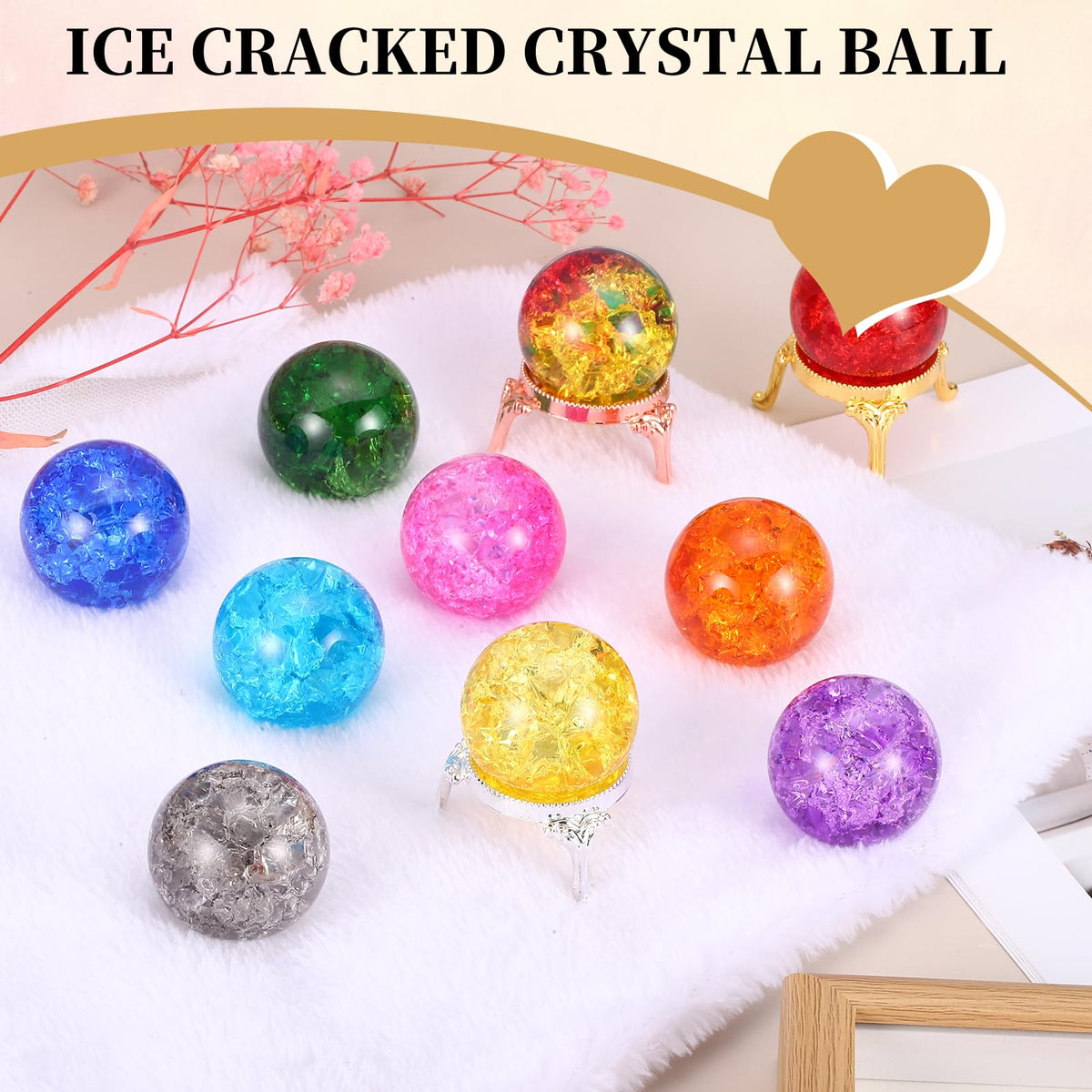 PATIKIL Crystal Ball 40mm, Ice Cracked Glass Ball with Metal Stand, Decorative Crystal Sphere Glass Paperweight for Home Office Table Decor, Purple/Gold