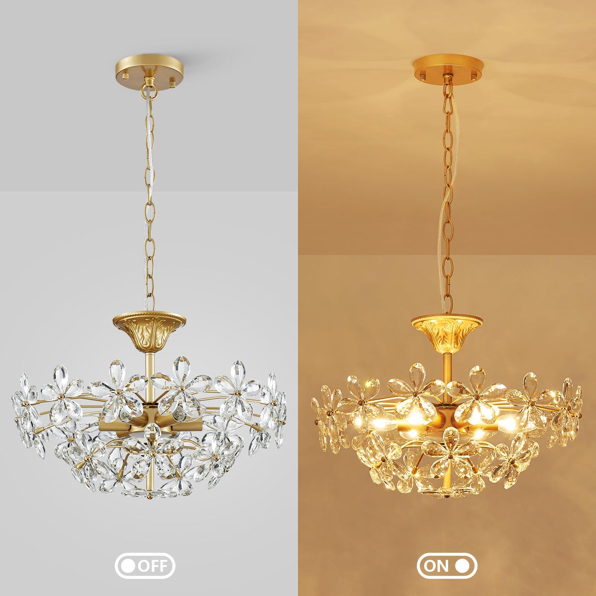 GlowEasely K9 Crystal Flower Chandelier for Dining Room, Living Room, Bedroom, Hallway, Kids Room, Foyer, Gold, Mayflower 6-Light Modern Pendant Chandelier, E12 Socket, D18.3 * H16~41inch (Adjustable)