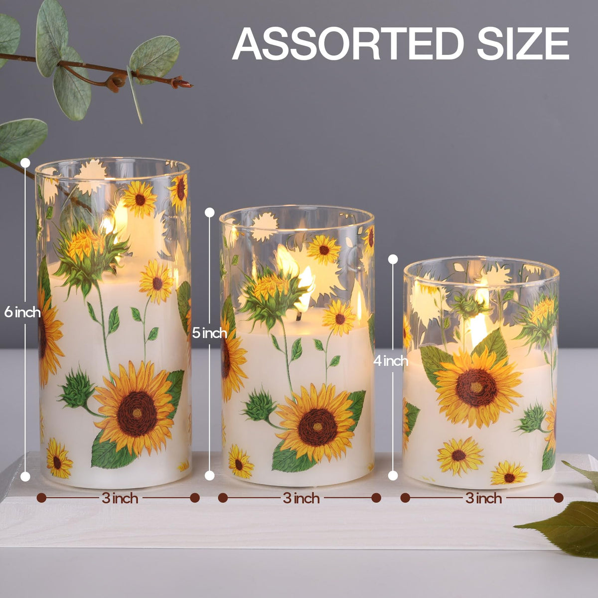 Girimax Sunflower Glass Flameless Pillar Candles with Remote, Flickering LED Battery Candles Summer Home Decor Set of 3