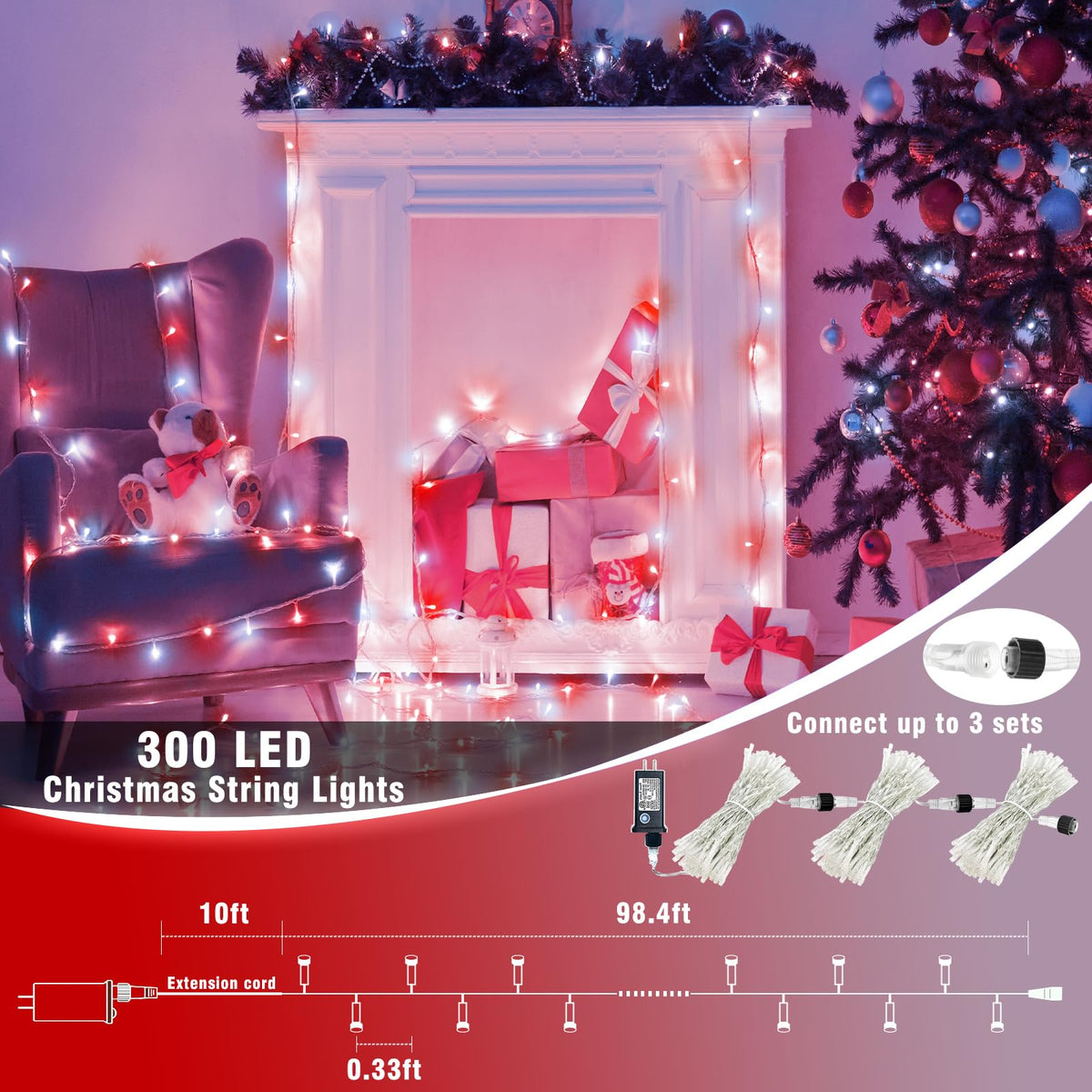 300 LED Christmas Lights Outdoor -100ft Extra Long Christmas String Lights 8 Modes Plug in Waterproof Fairy Lights with Timer Memory for Indoor Outside Bedroom Home Party Decoration, Red&White
