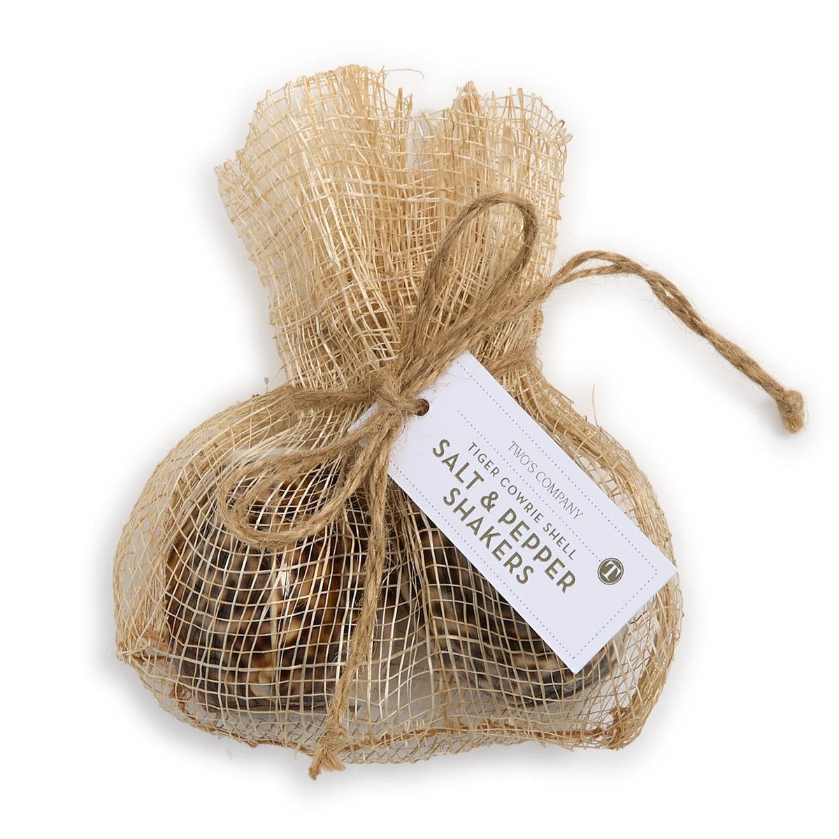 Two's Company Tiger Cowrie Shell Salt and Pepper Shakers in Natural Jute Pouch, 2.5-Inch