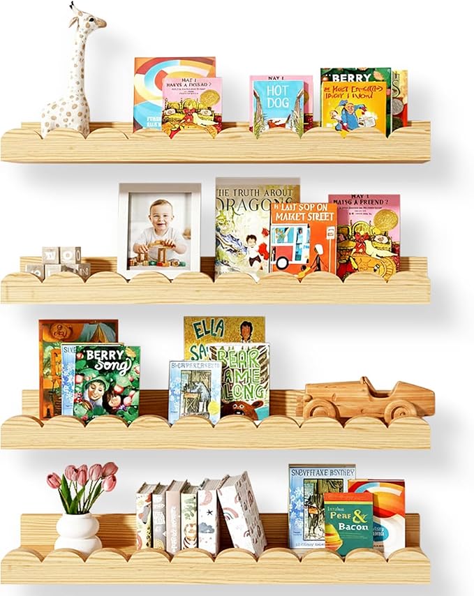 Nursery Floating Shelves for Kids Room, 4 Pack 15.7 Inch Natural Wood Wall