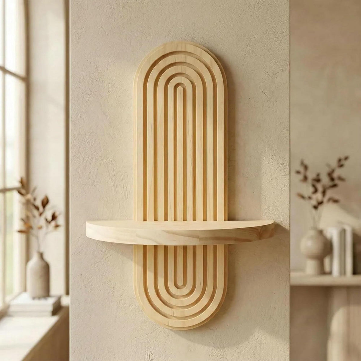 Natural Solid Wood Arched Wall Mount Shelf, Floating Decor Display Shelving for Succulents, Mini Plants, Home Decor & Bathroom Small Ornaments (Natural, 11.8" X 7.8")
