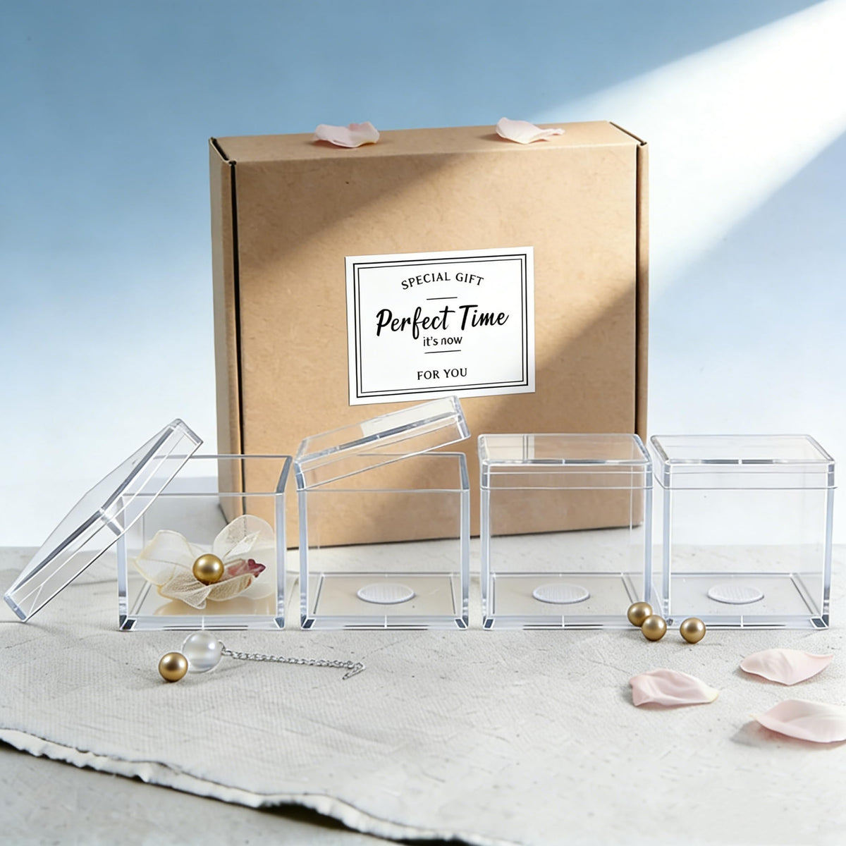 KissYou Small Clear Acrylic Box, 4 Pack Plastic Square Cube Acrylic Storage Box for Graduation Wedding Birthday Party Candy Boxes Jewelry Storage Box