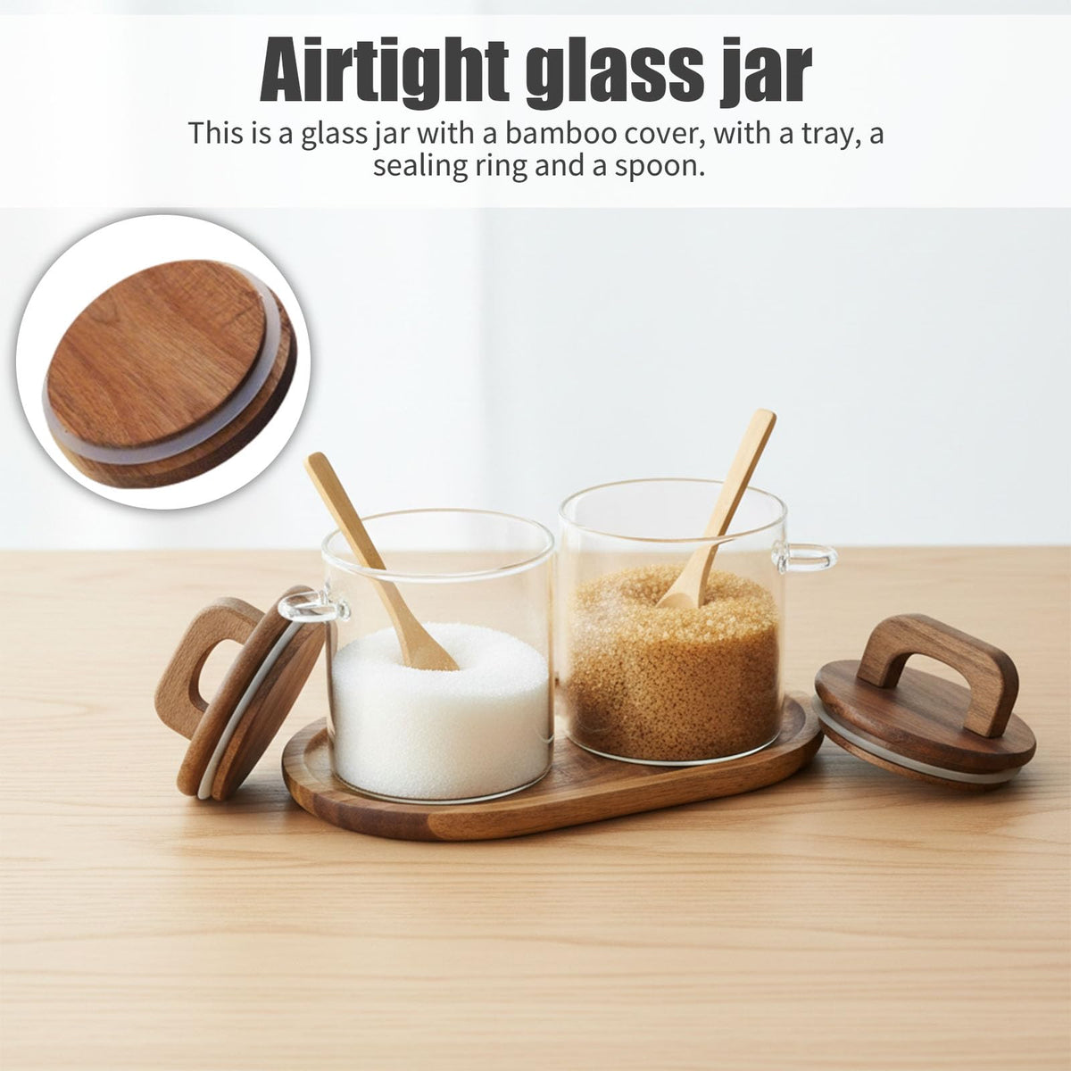 Lolytama Sugar Bowl Set,Airtight Glass Sugar Jar with Wooden Lids,Sugar Container Side Spoons and Serving Tray,Round Coffee Bar Accessories for Tea Station,Countertop, Pantry Shelf,2 Pack
