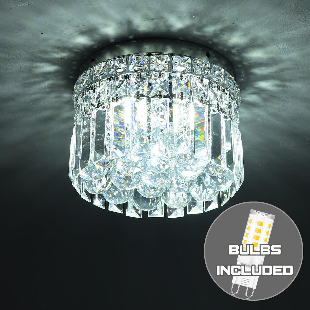 CEENLI Mini Modern Round Crystal Flush Mount Chandelier 7.8 inch Ceiling Light Fixture 4-Lights G9 Bulb for Closet Foyer Hallway Bedroom Living Room Dining Room Entryway Chrome Finish