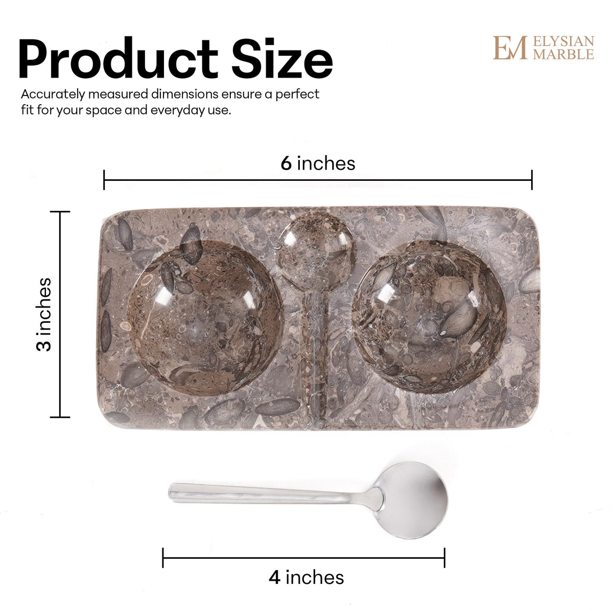 Marble Salt and Pepper Dish with Spoon, Handcrafted Double Spice Tray with 2 Compartments, Natural Stone Condiment Dish for Cooking Prep and Serving - Oceanic Grey