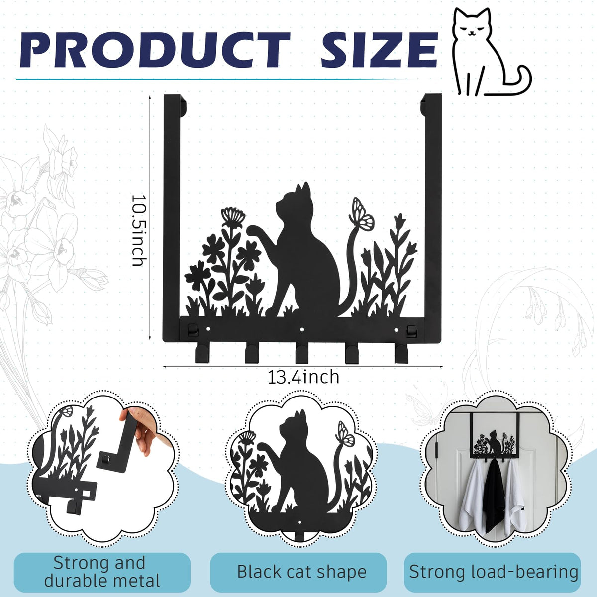 Reallnaive Black Cat Over The Door Hooks Gothic Bathroom Decor Hanger Wall Mount Rack Holder for Towel, Hat, Coat, Cloth, Keychain, Bag, Christmas Gift for Cat Lovers