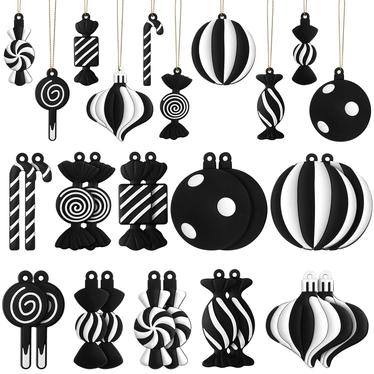 Panelee 20 Pcs Christmas Candy Tree Ornaments PVC Christmas Candy Cane Lollipop Ornament Xmas Hanging Decors Birthday Party Decoration Crafts for Holiday Xmas Tree Party (Black and White)