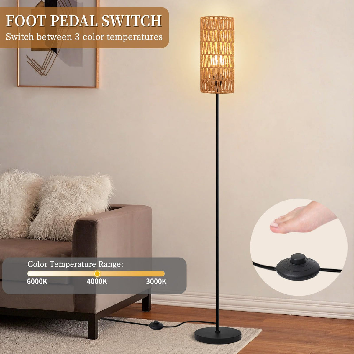 Ruiever Floor Lamp for Living Room,Farmhouse Rattan Floor lamp,Modern Standing lamp with Hand-Worked Rattan Shade,Black Tall Lamp with Foot Switch for Bedroom,Kids Room,Office,LED Bulb is Included.