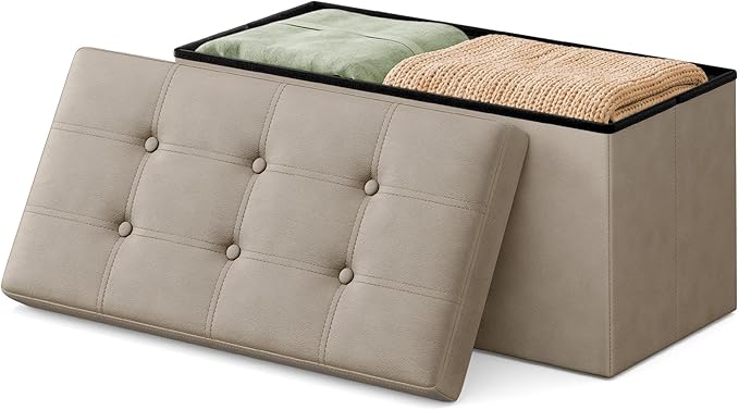 SONGMICS Home Storage Ottoman, Removable Lid, Foldable Foot Stool, PU Leather
