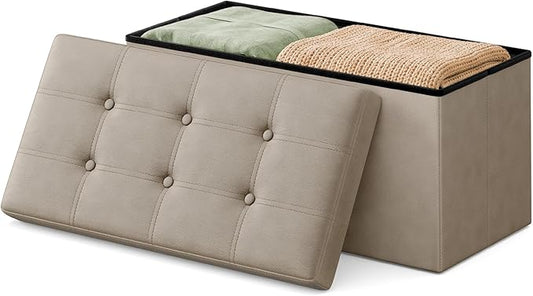 SONGMICS Home Storage Ottoman, Removable Lid, Foldable Foot Stool, PU Leather