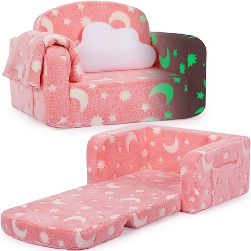 Kids Couch, 2-in-1 Soft Toddler Couch Fold Out with Blanket and Cloud Pillow, Glow in The Dark, Convertible Sofa, Gifts for Kids Girl Boys, Medium Pink Moon
