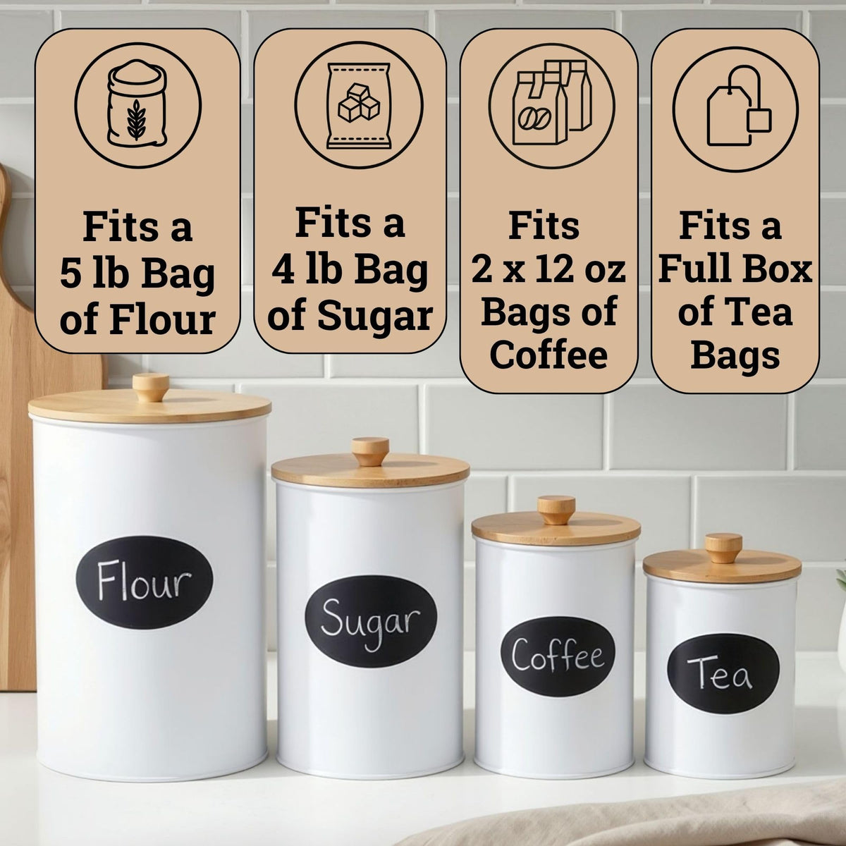 Kitchen Canisters for Countertop Set of 4 with Customizable Chalkboard Labels & Marker Pen - Big Iron Kitchen Canisters with Airtight Lids - White Canister Set - Flour and Sugar Containers Farmhouse