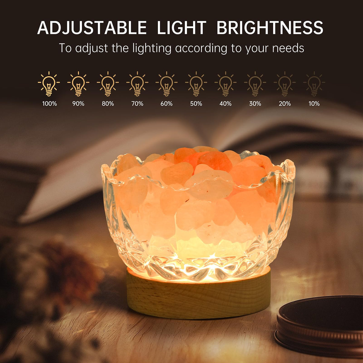HSLZOMI Himalayan Salt Lamp, Pink, Wooden Base, 10 Levels of Light Intensity Adjustment, USB Plug, 1 Year Warranty