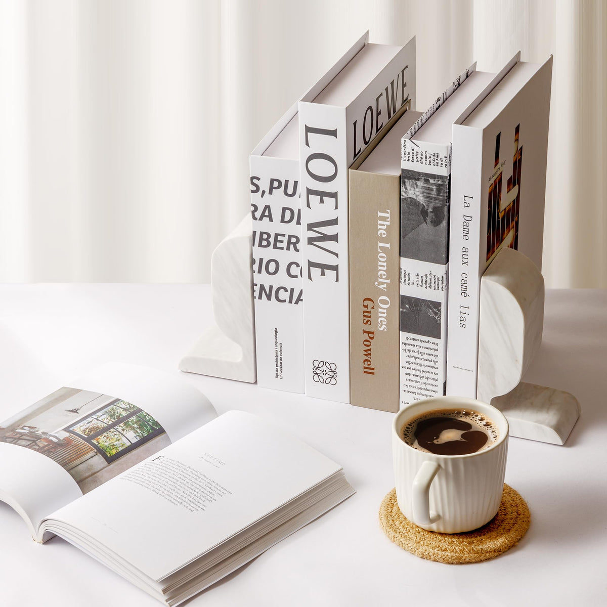 WORHE Marble Bookend for Shelves, Large Book Shelf Holder for Heavy Books, Natural Stone Book Stopper for Books CD Movies, Aesthetic Decorative Book Ends, Bookshelf Table Home Decor White (WH089)