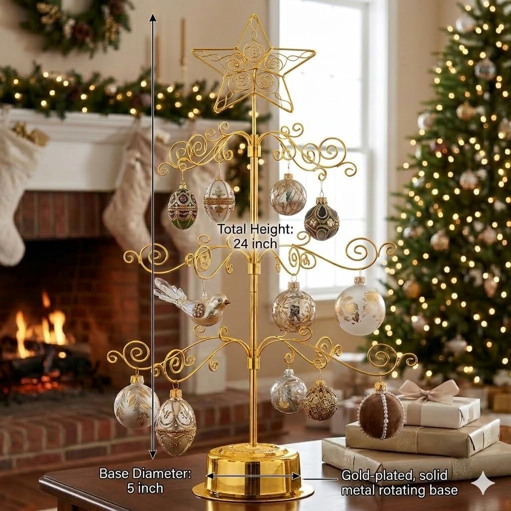 HOHIYA 24” Rotating Ornament Display Tree Stand 36 Hooks Metal Tabletop Display Rack for Christmas Ornaments Halloween Decor Craft Show Display Heavy Duty Brass Gold