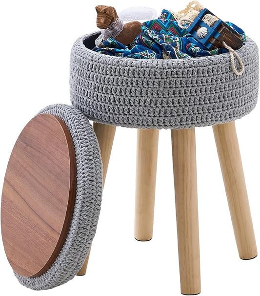 Wimarsbon Pouf Ottoman, 100% Cotton Knitted Boho Footstool, Round Footrest