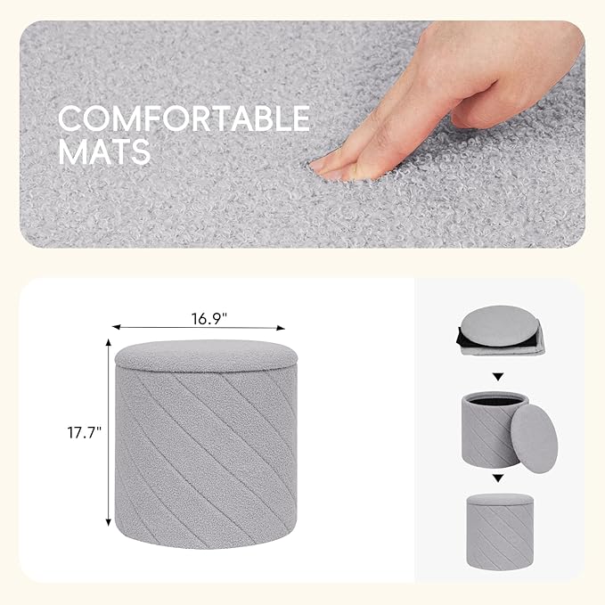 PINPLUS Ottoman with Stroage Round Boucle Ottoman and Tray Sherpa Removable