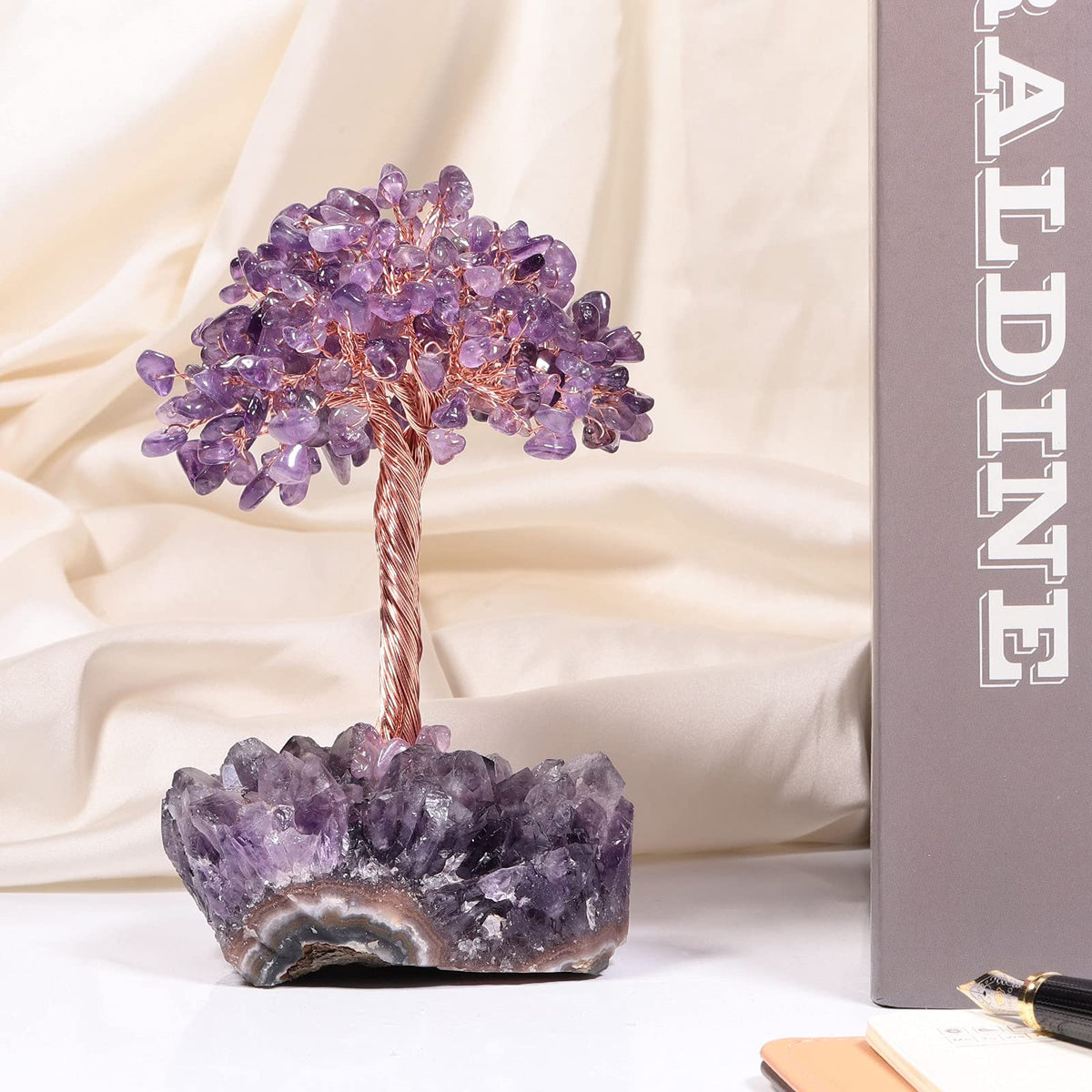 Cheungshing Healing Crystals Money Tree with Natural Amethyst Base, Crystal Stone Feng Shui Bonsai Figurines Tree of Life Decoration for Home Table Office, Amethyst