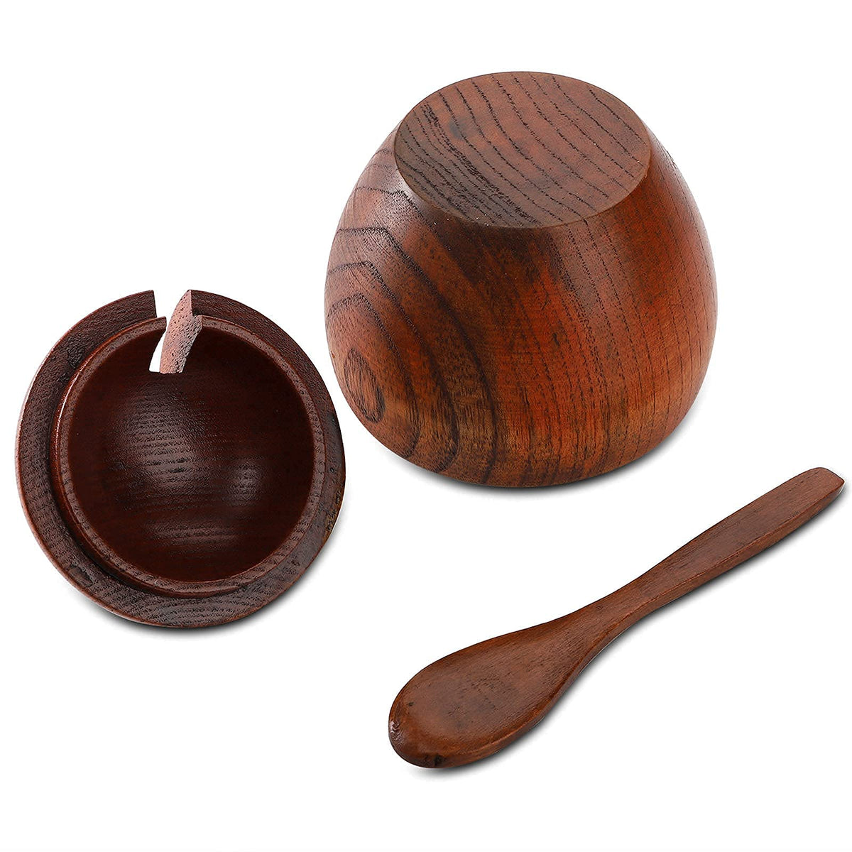 DEAYOU 3 Pack Wood Salt Box Spice Jar, Natural Wooden Salt Cellar with Lid and Spoon, Sugar Bowl Pepper Seasoning Container Holder Keeper for Kitchen, Serving, Condiment, Japanese Style