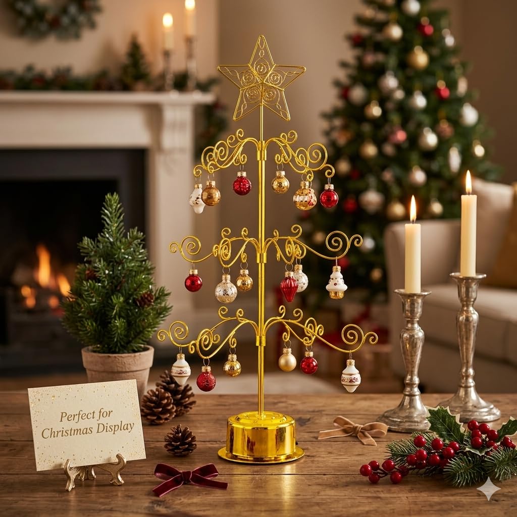 HOHIYA 24” Rotating Ornament Display Tree Stand 36 Hooks Metal Tabletop Display Rack for Christmas Ornaments Halloween Decor Craft Show Display Heavy Duty Brass Gold