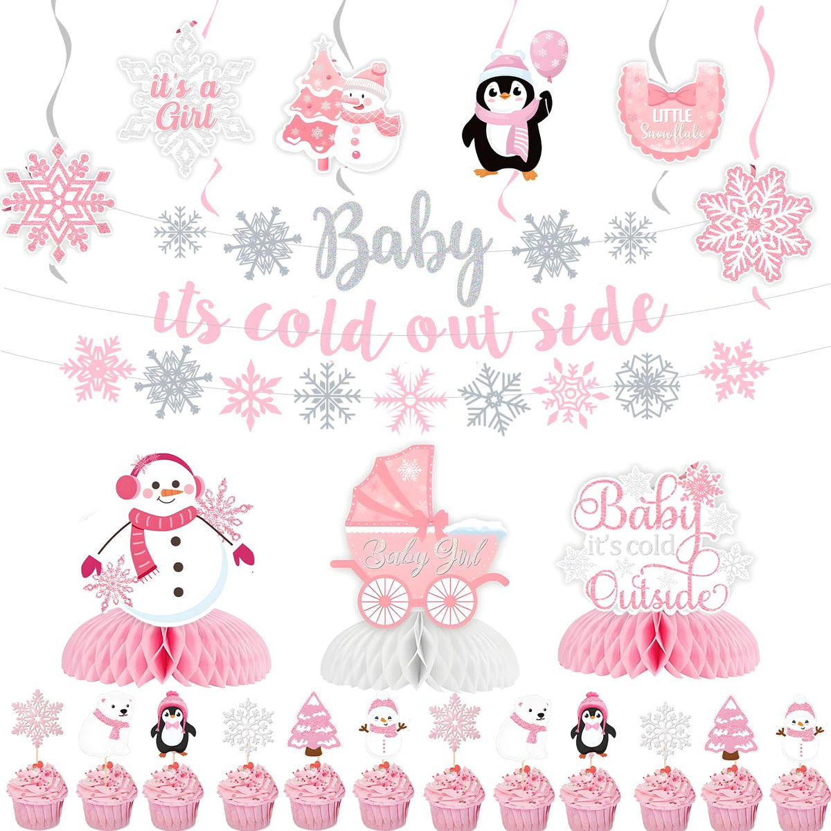 36PCS Little Snowflake Baby Shower Decorations, Pres-Strung Pink Baby It’s Cold Outside Baby Shower Decor, Winter Pink White Little Snowflake It’s A Girl Decorations, Winter Wonderland Party Supplies