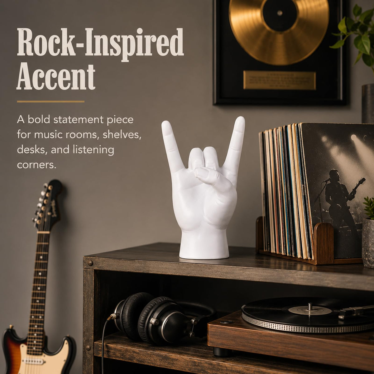 XIYOUQI Rock Hand Statue, Rock On Hand Gesture Sculpture, White Resin Hand Sign Decor for Music Lovers, Modern Tabletop Sculpture for Desk Bookshelf Mantel Man Cave Office Decor