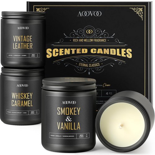 AOOVOO Scented Candles for Men - 4 Pack Candles for Home Scented, 28oz Soy Wax, 200 Hour Burn Time, Men Candle Set, Leather/Smoke & Vanilla/Whiskey Caramel/Lavender Candle Set