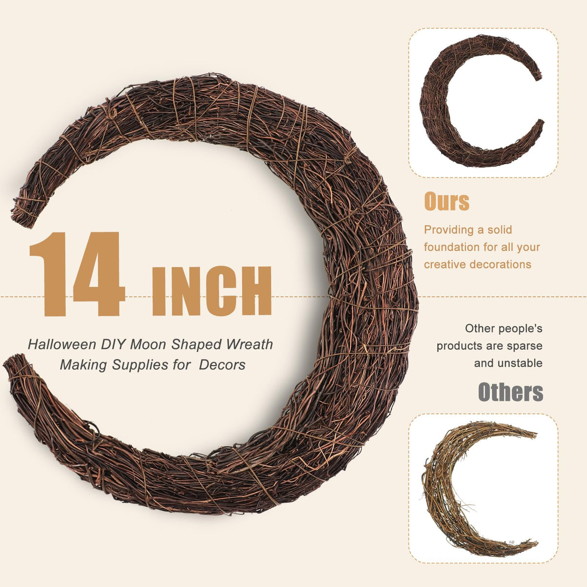 Temfmy Moon Wreath - 14 Inch Crescent Moon Natural Grapevine Wreaths Base - DIY Half Moon Shaped Wreath Making Supplies for Decor - 3 Pack