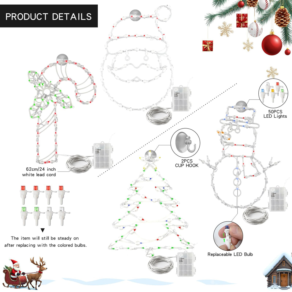 4 Pack Christmas Window Silhouette LED Lights Decorations, Santa Claus, Xmas Trees, Candy Cane, Snow Man Christmas Window Light Decorations with 50 Bulbs for Holiday Wall Door Glass Decorations