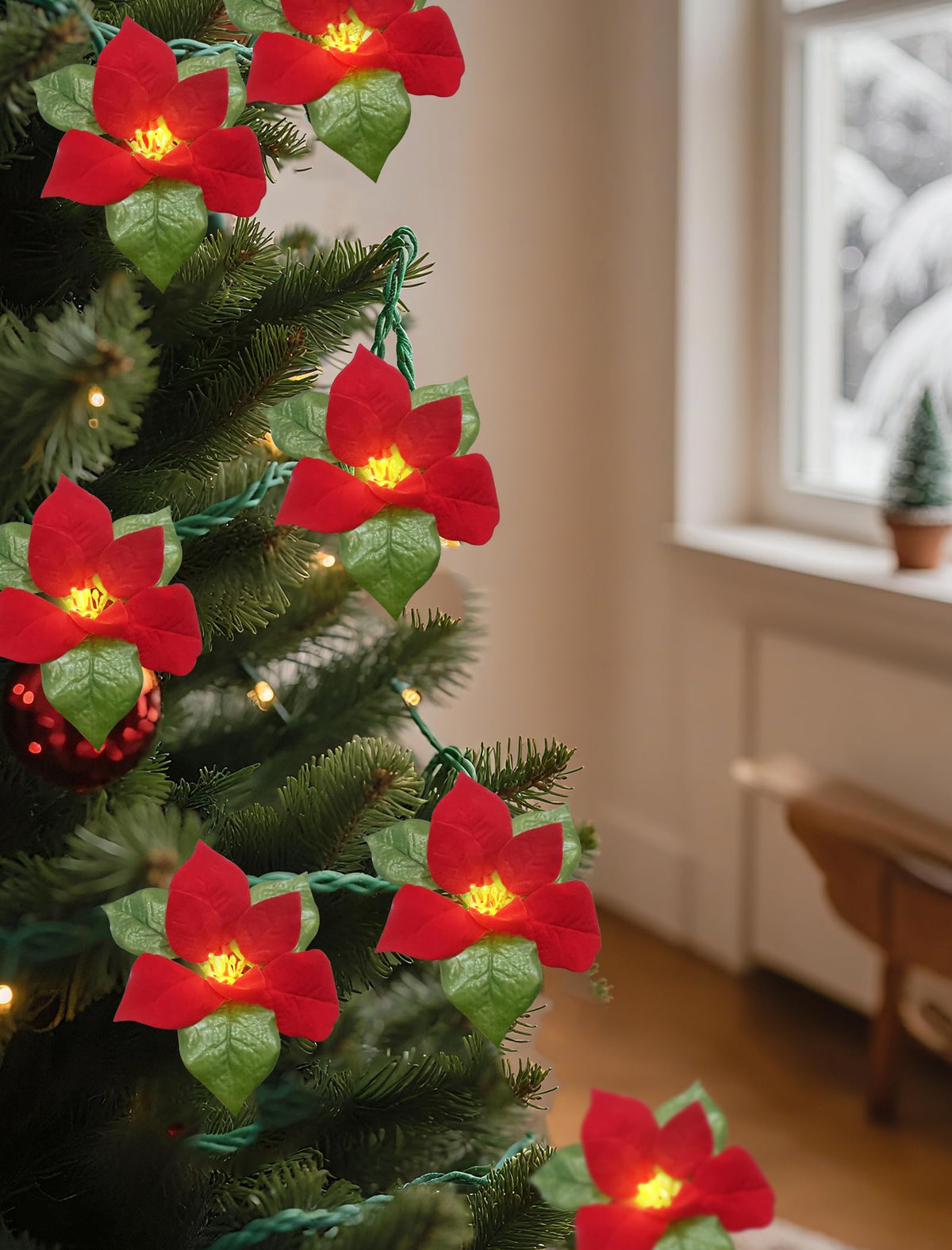 SUNSGNE 8.5FT LED Flower String Lights, Red and Green Christmas Flowers Lights with 10 LED Flowers Bulbs for Christmas Tree, Fireplace, Staircase, Walls