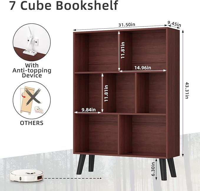 YAHARBO Walnut Bookshelf, 3 Tier Book Shelf