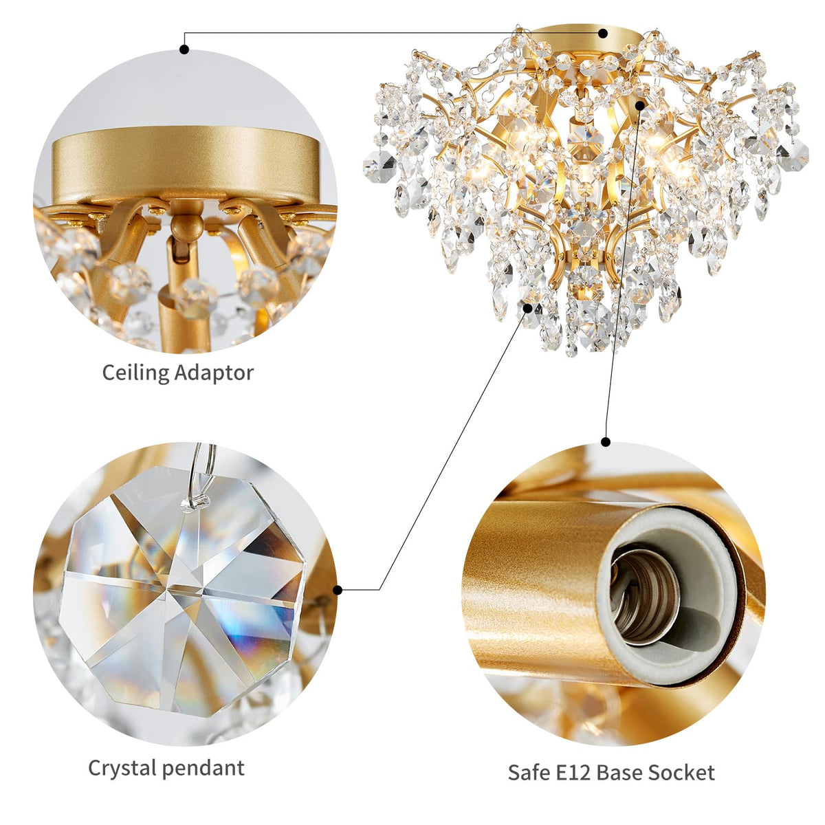 WUZUPS 5-Light Crystal Chandelier Flushmount Ceiling Light Modern Lighting Fixture for Bedroom Hallway Bar Kitchen Bathroom, H 12" W 15.4", E12 Base, Gold
