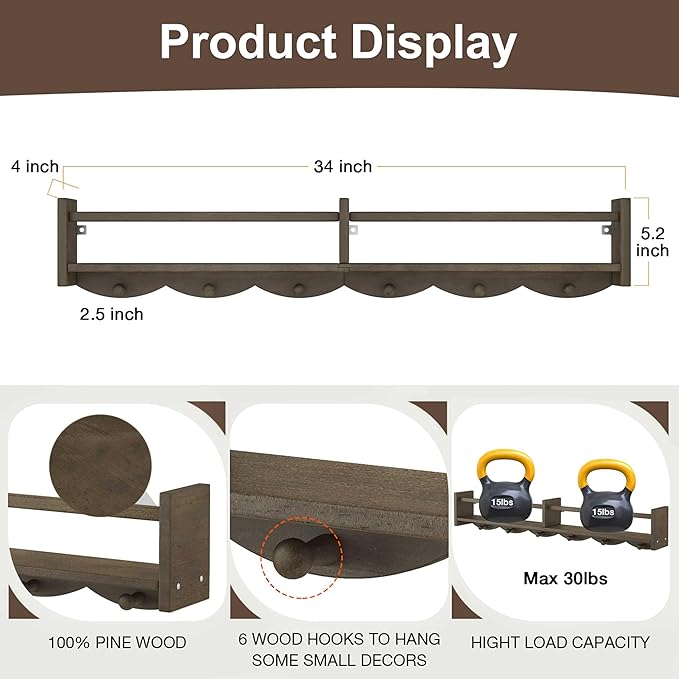 34Inch Nursery Bookshelves, Wall Floating Shelf Kids Coat Rack
