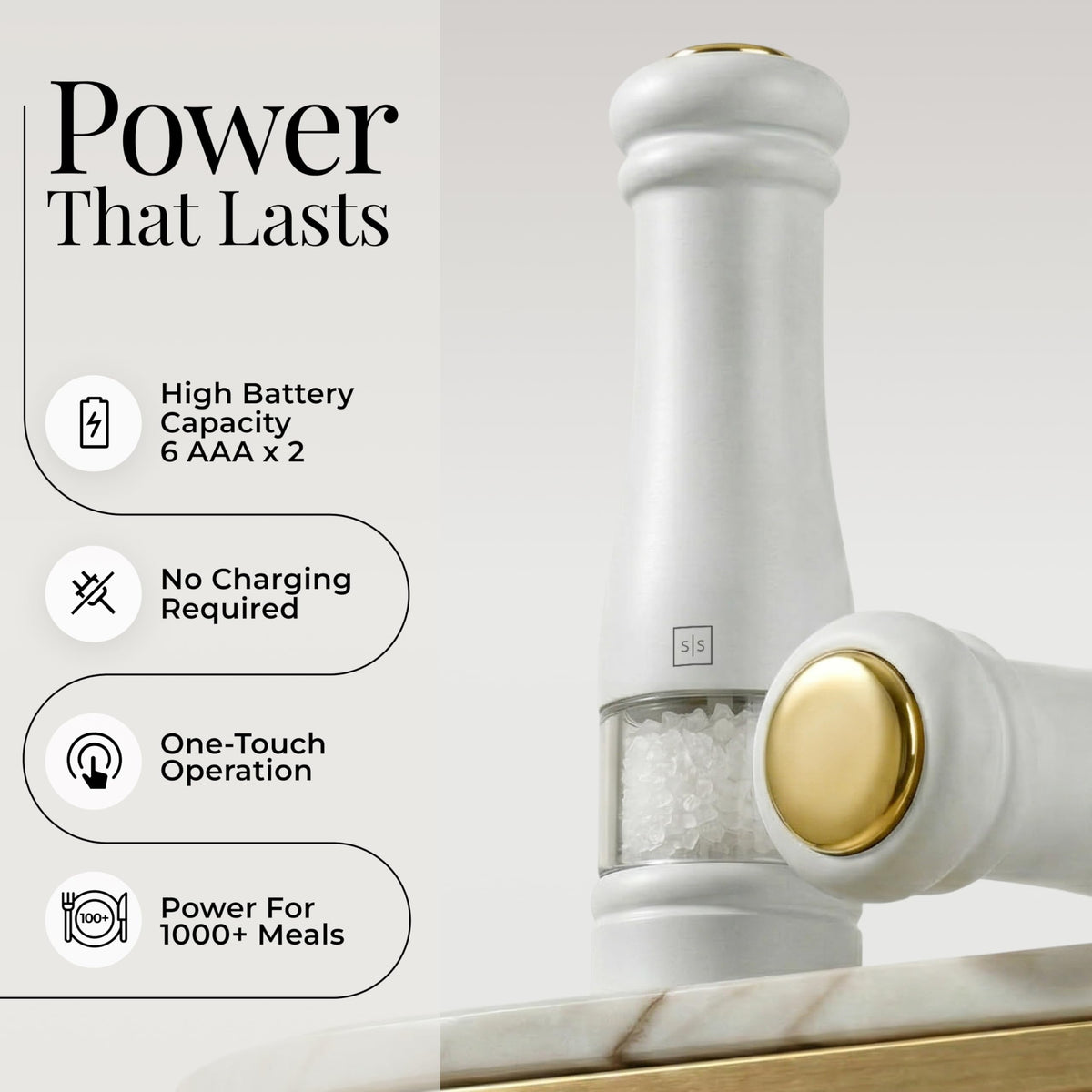Electric Salt and Pepper Grinder Set - Styled Settings White Electric Salt and Pepper Shakers, Automatic Stainless Steel Set with LED Light, Battery Operated, Adjustable Coarseness, Wood Base
