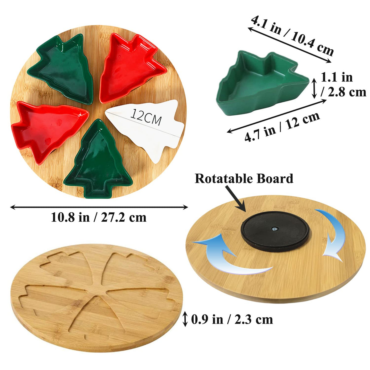 Rotatable Colorful 10.8 Inches 5pcs Christmas Tree Plates Chip & Dip Set Ceramic Snack Plate with Bamboo Tray, Round Removable Porcelain Appetizer Dessert Fruit Salad Saucer Bowls Cutlery Platter Dish