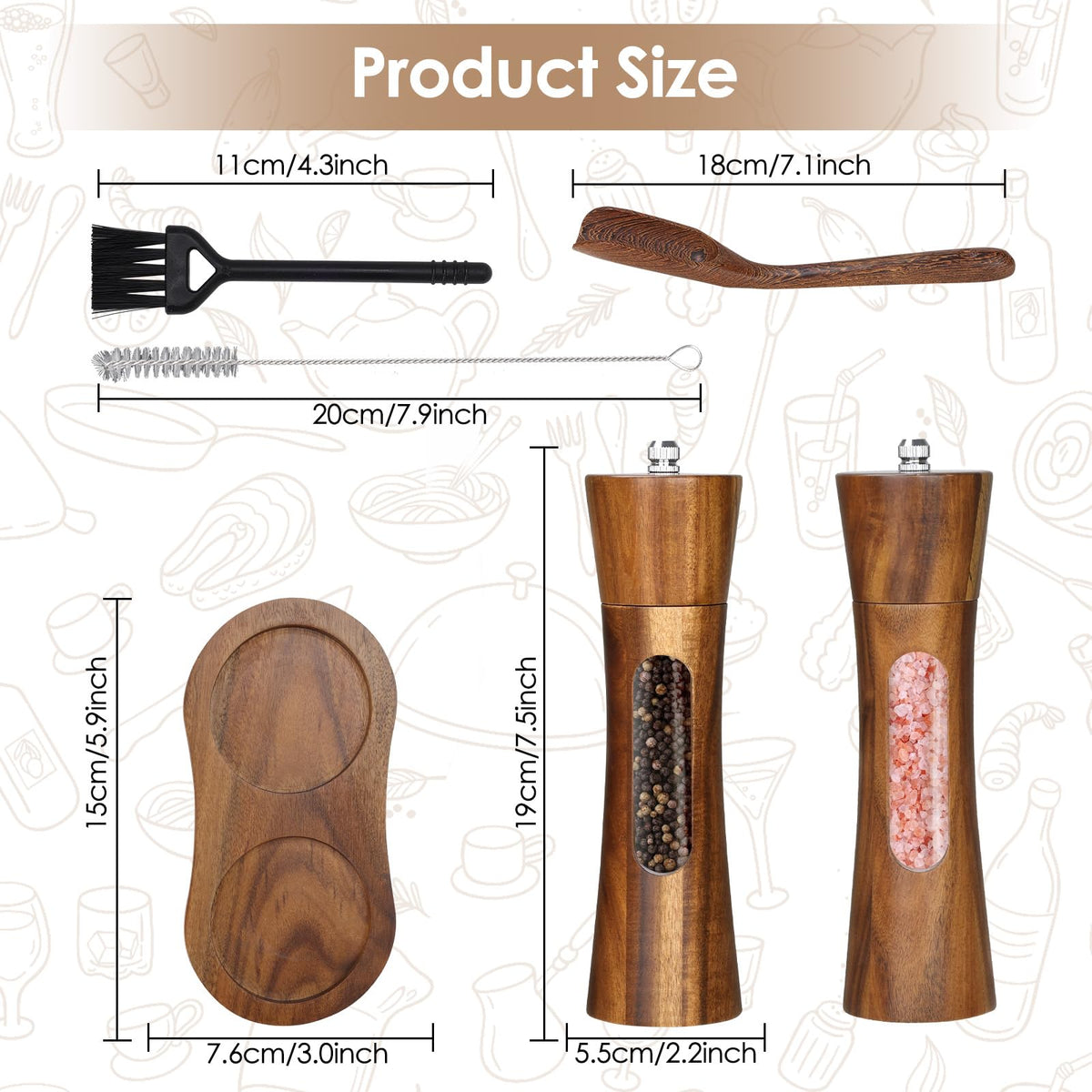 Foyucool 2 Pack Wooden Salt and Pepper Grinder Set, 8 inch Manual Salt and Pepper Mill with Brush and Spoon, Adjustable Coarseness, Refillable Pepper Grinder for Kitchen, Transparent