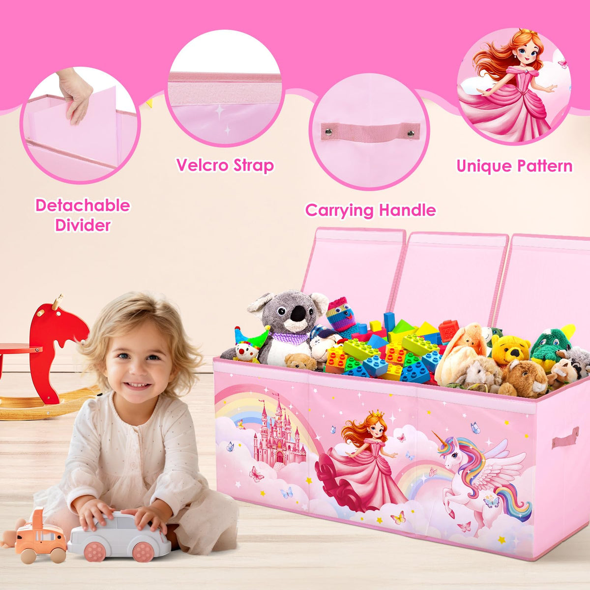 Toy Storage Bin with Lids,Extra Large Toy Box Chest with Handles for Kids Boys Girls,Collapsible Storage Organizer Box Bin Basket for Bedroom,Playroom, Nursery,37.8"x12.6" x15.7",Princess Unicorn