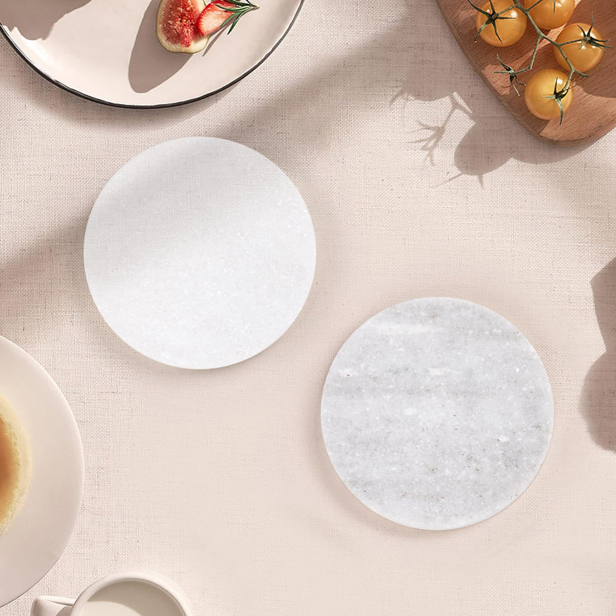 White Marble Coasters with Bling Particles, Set of 4 - Natural Marble Stone Drink Coaster with Protective Silicone Feet, 4 inch Diameter, 0.4 inch Thick - Heat-Resistant Coasters for Coffee Table