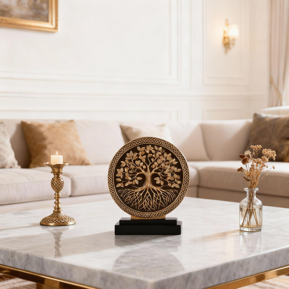 DOVDOV Abstract Circular Tree of Life Decorative Sculpture, Black and Gold Home Decor, Modern Art Home Accent Suitable for Office Shelves, Coffee Tables, and Above Cabinet Decorative Statue.
