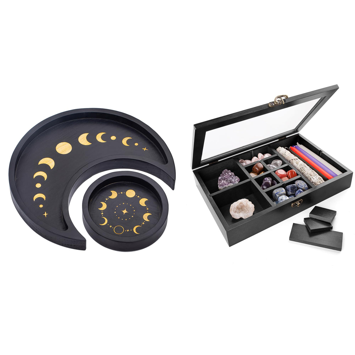 Crescent Moon Tray Crystal Holder Set, Adjustable Rock Display Case, Rock Collection Box with Shelves, Black Wood Crystal Organizer for Stones Storage,Gem Holder with Lid for Seashell
